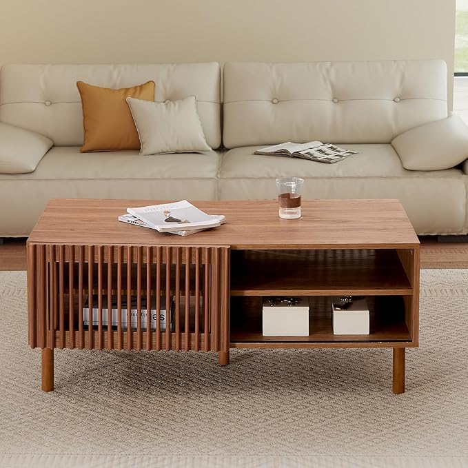 Bonzy Home 44’’ Mid Century Modern Coffee Table with Storage, Wood Center Table with Sliding Door and Open Shelves for Living Room (Walnut)