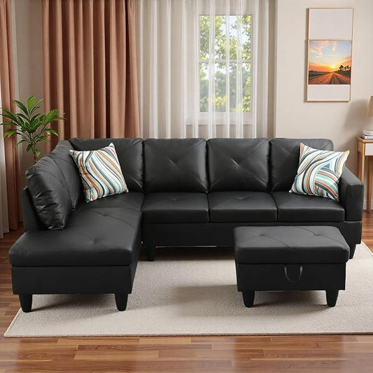 L-Shaped Sectional Sofa with Movable Chaise & Storage Ottoman, Leather 3-Piece Modular Convertible Couches for Living Room, Apartment & Office, Black