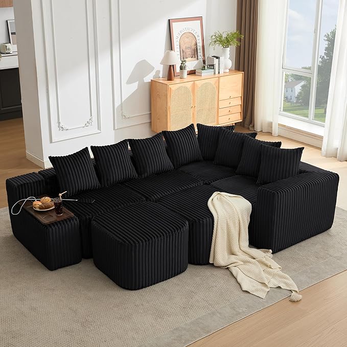 Oversized Cloud Modular Sectional Sofa Boneless Couch with Movable Ottomans,Free Combination Memory Foam Floor Couch with Charging Port & Cup Holders for Living Room | Coffee Table Board, Wireless Charge, No Assembly