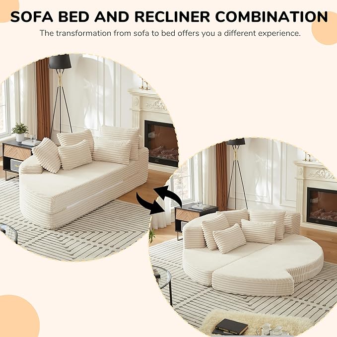 ERYE Oversized Round Sofa Chaise Daybed Comfy Corduroy Couch Boneless Sleeper Recliner Sofabed with 10 Pillows and Headrests