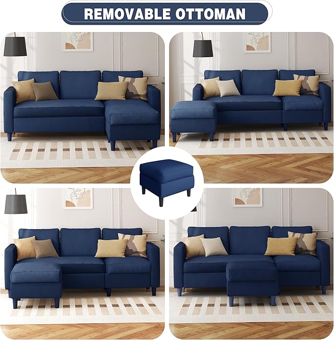 Shintenchi Small Sectional Sofa Couches,L Shape Convertible Sofa with Ottoman,3 Seat Comfy Corduroy Upholstered Sofa Couch,Small Couch for Apartment,Living Room and Office(Blue)