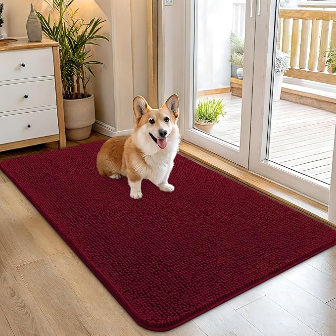OLANLY Dog Door Mat for Muddy Paws 45x27, Absorbs Moisture and Dirt, Absorbent Non-Slip Washable Doormat, Quick Dry Chenille Mud Mat for Dogs, Entry Indoor Entryway Carpet for Inside Floor, Burgundy by OLANLY