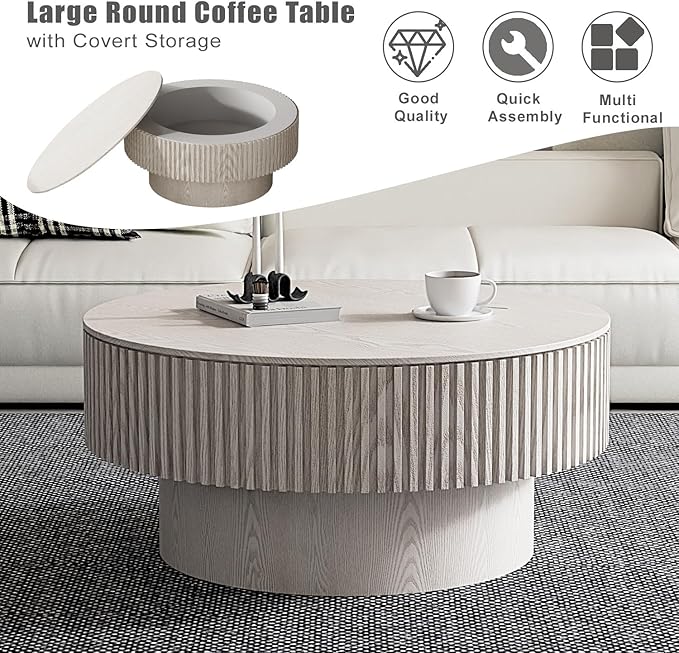 Round Coffee Table with Storage, Modern Wooden Coffee Table with Solid Wood Veneered, Circle Center Table Accent Tea Table for Living Room Small Space (31.5''L × 31.5''W × 14''H, Retro White)