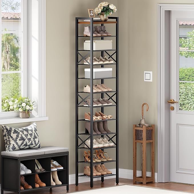 YATINEY 12-Tier Narrow Shoe Rack, Tall Shoe Rack for 12-24 Pairs, Slim Shoe Storage Organizer with Wooden Top, Space Saving, Metal Frame, for Entryway, Rustic Brown and Black SS61BR - Image 2