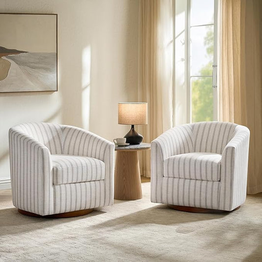 HULALA HOME Modern Swivel Accent Chairs Set of 2 with Solid Wood Base, Round Swivel Barrel Chairs with Striped Pattern, No Assembly Required, Stripe