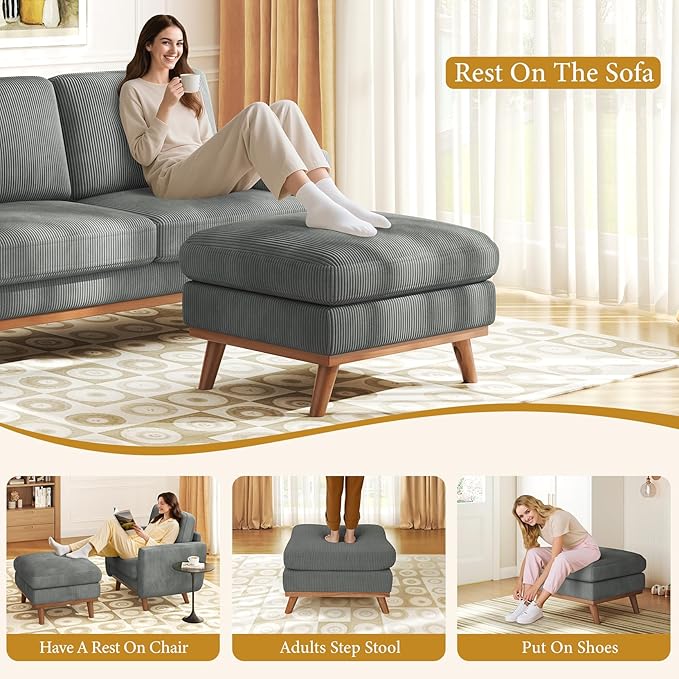 Vesgantti Large Ottoman for Modular Sofa, 29.5" Corduroy Ottoman with Spring Cushion, Rectangle Foot Rest for Couch, Entrance Footstool with Wood Legs, Footstool for Living Room, Bedroom, Dark Gray