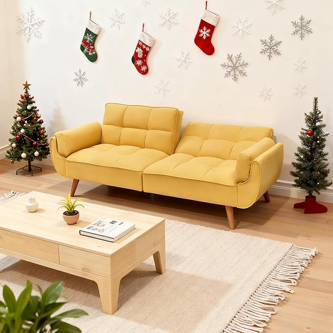 Convertible Futon Sofa Bed, Modern Futon Couch with 2 Pillows, Small Futons Couch with Adjustable Armrest & Backrest, Loveseat Sofa Bed for Living Room, Bedroom, Yellow