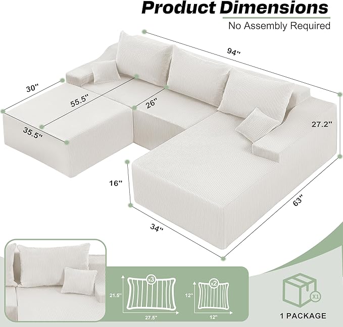 HABUTWAY 94“ U Shaped Modular Sectional Couch for Living Room, Modular Cloud Sofa with Ottoman, No Assembly Boneless Couches with Deep Seat, Corduroy Fabric (Beige, Right Facing)