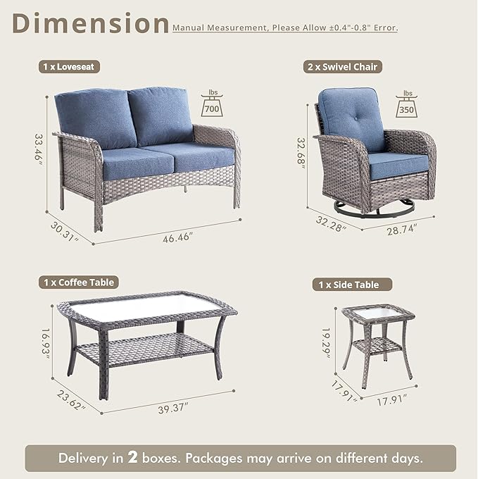 Weaxty Wicker Patio Furniture Set with Swivel Rocker Chairs Outdoor Loveseat Sofa and Rattan Coffee Table, 5 Pieces Outdoor Conversation Sets for Patio Porch Deck Backyard Poolside, Denim Blue