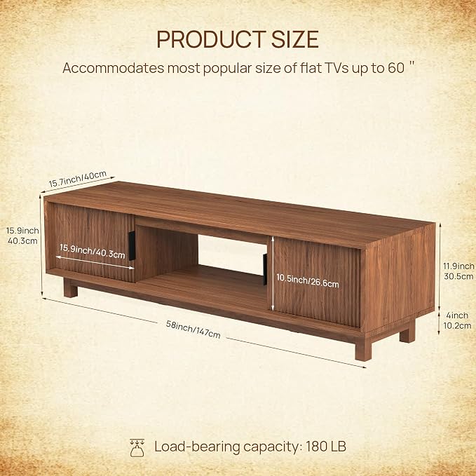 Alpen Mid Century Modern TV Stand for Living Room, 58.01" Fluted Entertainment Center with Storage, Brown Walnut TV Console for 55/60/65 Inch TV, Wood Television Media Cabinet for Bedroom - Image 5