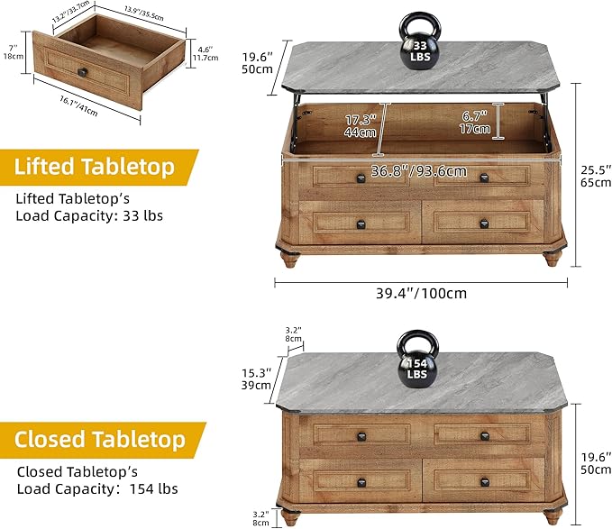 DWVO Lift Top Coffee Table with Storage, Farmhouse Wood Central Table w/Large Hidden Compartment, 2 Storage Drawers, Lift Tabletop Dining Table for Living Room, Reception Room, Rustic Brown