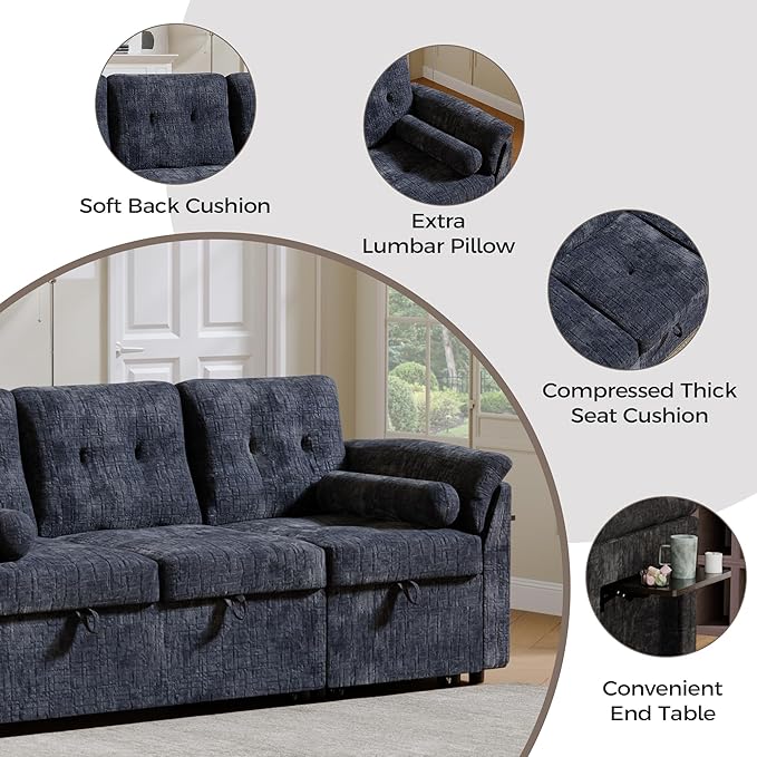 3 in 1 Convertible Sofa Bed, Chenille Pull Out Couch with Side Table, 3 Seat Pull Out Sofa Bed with Level Adjustable Backrest, Comfy Sleeper Sofas for Living Room, Apartment, Blue