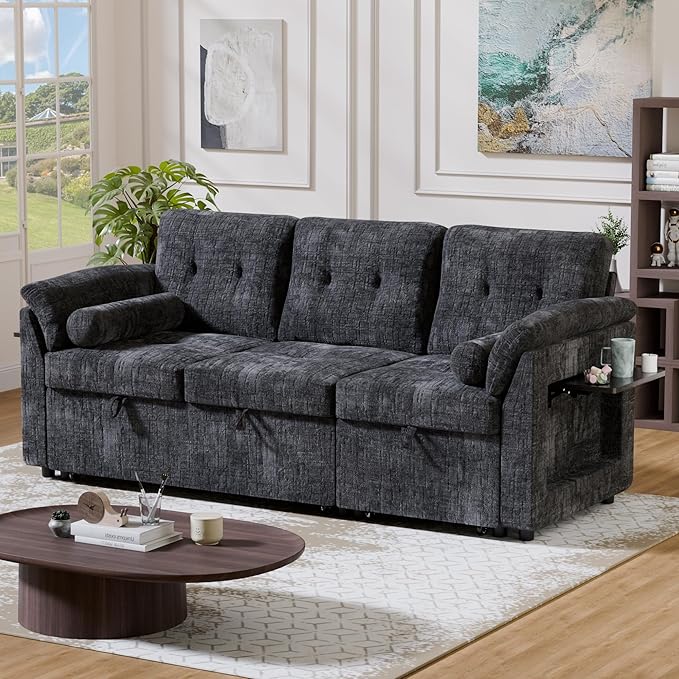 Convertible Queen Sofa Bed, 63 Inch Chenille Pull Out Couch with Side Table, 3 Seat Pull Out Sofa Bed with Level Adjustable Backrest, Comfy Sleeper Sofas for Living Room, Apartment, Black