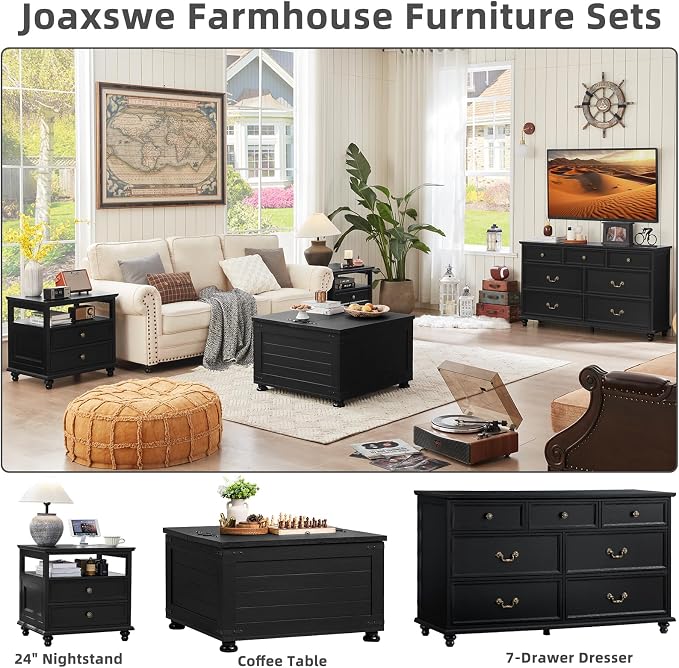 Joaxswe 24" Wide Farmhouse Night Stand,Large End Table with 2 Drawers & Metal Handle,Wood Dresser for Bedroom, Black Bed Side Table Chest of Drawers Cabinet,Nightstand for Living Room,Closet - Image 7