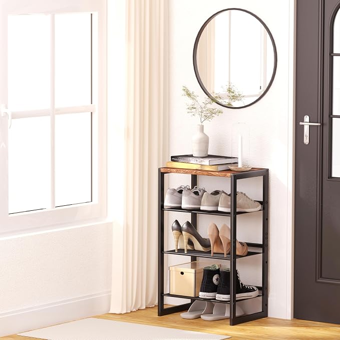 CHEMPFR Narrow 4-Tier Shoe Rack, Slim Space-Saving Shelf with Decorative Wood Top & Steel Mesh, Entryway/Closet/Dorm Organizer, 16.5x11.8x27.9 Inches - Image 2