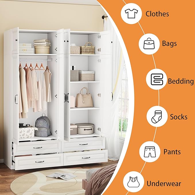 Armoire Wardrobe Closet with Drawers: 63" Large White Wood Wardrobe Closet with 4 Doors and 4 Drawers, Modern Clothes Storage Cabinet for Bedroom Armoire with Shelves (63")
