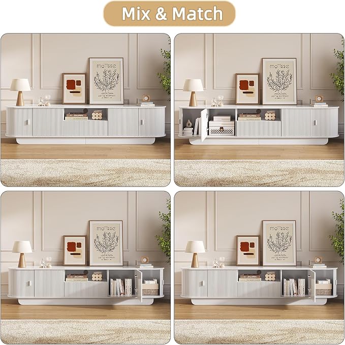 86.61'' Tambour TV Stand for 55-85 Inch, Modern Entertainment Center with Large Storage Cabinet & Open Shelves, TV Console with Sliding Doors for Living Room, Bedroom, White - Image 8