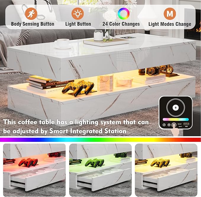 47" Modern LED Coffee Table with 2 Drawers, High Glossy Double-Layer Center Table with Wireless Charging and Built-in Bluetooth Speaker Smart Table for Living Room with Marbling White