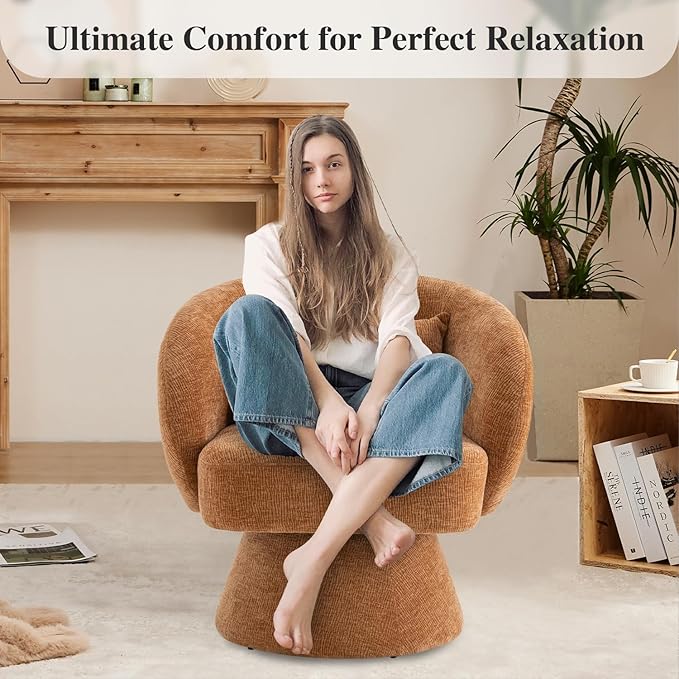 360° Swivel Accent Chair, Modern Velvet Barrel Chair with Arms and Pillow, Upholstered Single Sofa for Living Room, Bedroom, Office, Orange