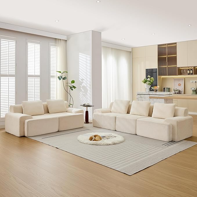 Modular Sectional Sofa, 6 Seat Modular Couch, Modular Sofa with Deep Seat and Detachable Pillow (White, Rowshape 2 Side)