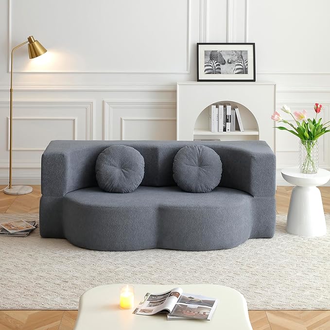 KEIKI 2-in-1 Folding Sofa Bed with Pillow, Queen Sleeper Sofa, Floor & Futon Loveseat Couch, Foam Folding Mattress for Living Room, Guest Use, Office, Apartment, No Assembly Required, Grey