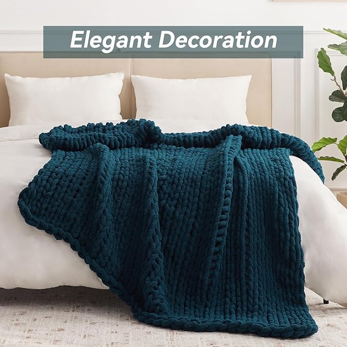 Negwoo Chunky Knit Throw Blanket, 60''*80'' Knitted Throw Chenille Yarn for Bed Couch, Handmade Peacock Blue Crochet Big Thick Blanket, Machine Washable Cute Comfy Blanket for Home Decor