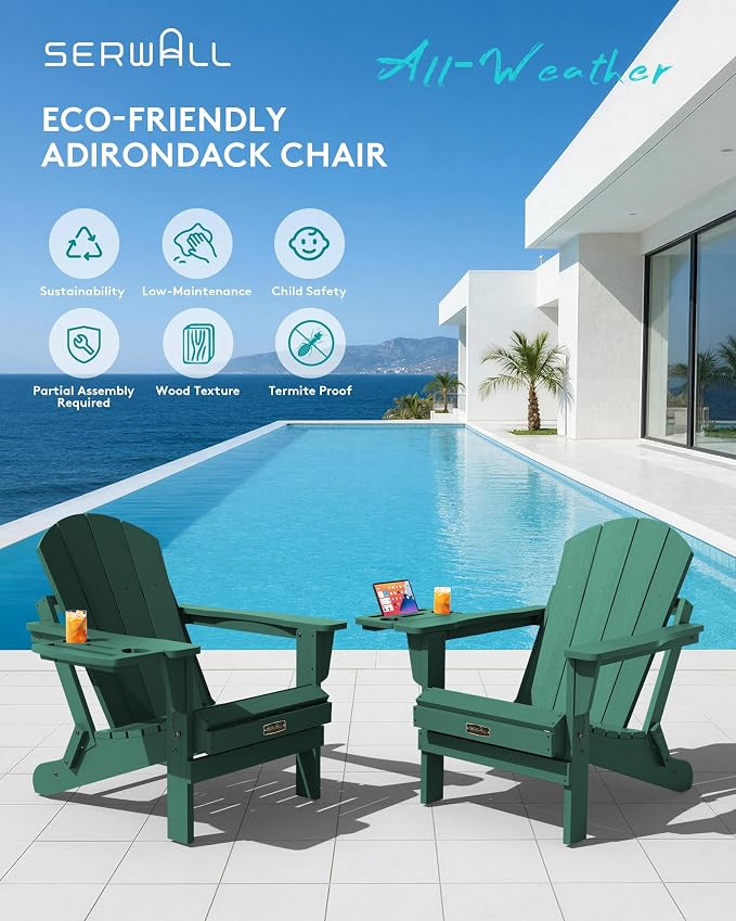 SERWALL Folding Adirondack Chair, Outdoor Adirondack Chairs with 4 in 1 Cup Holder, Weather Resistant Plastic Patio Chair for Garden, Backyard, Deck, Lawn, Fire Pit- Green - Image 7