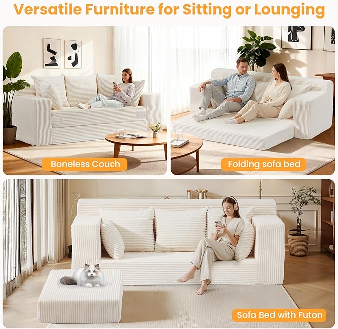 Boneless Couch 70 inch, 3 Seater Couch with Pull Out Bed, Boneless Loveseat Oversize Beige Futon Couch Floor Bed with 5 Pillows for Living Room Bedroom Lounge Small Space
