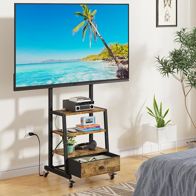 Rolling TV Stand with Wheels and Mount & Fabric Drawer - Entertainment Center with Power Outlet and Small TV Stand for Bedroom, Living Room - 15" Rustic Brown - Image 8