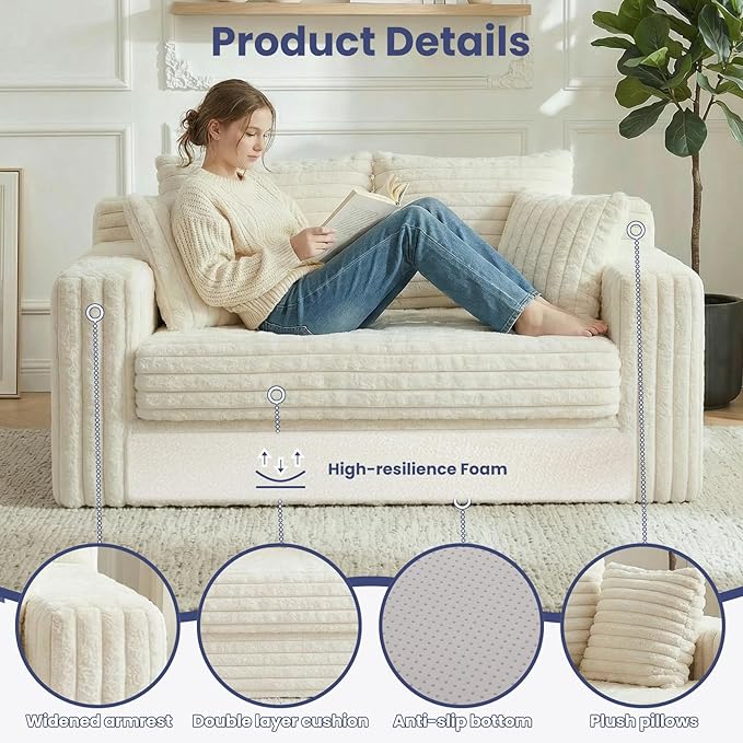 3-in-1 Convertible Sofa Bed: Boneless Loveseat Sleeper & Folding Couch Bed with 4 Pillows & Detachable Cushion,Furry Futon Couch for Bedroom,Apartment,Office and Living Room, No Assembly,Beige