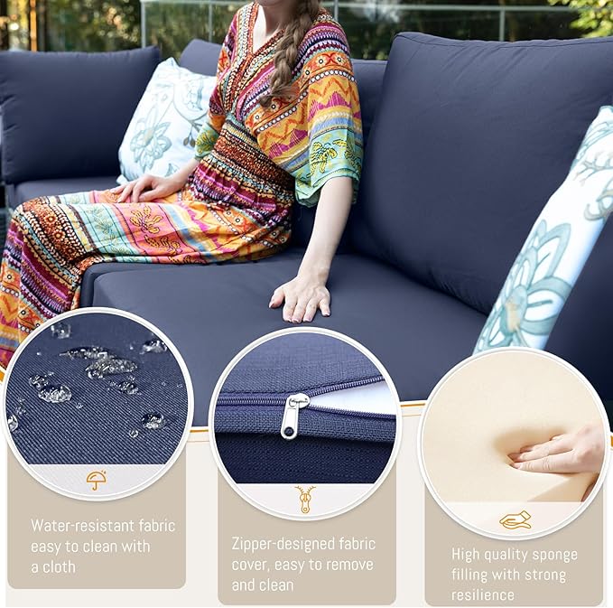 BULEXYARD 9 Piece Highback Patio Furniture Set with Fire Pit Table, Modern Modular Outdoor Sectional Couch Sofa with Ottoman, XL 8-Person Backyard Seating for Outside, Brown Wicker & Navy Blue Cushion