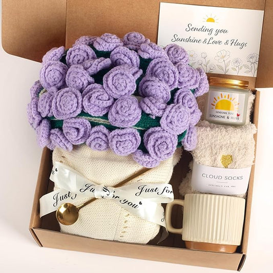 Get Well Gifts for Women, Flower Bouquet Blanket Gift Baskets, Care Package, Self Care Gifts, Thinking of You Gifts for Her Wife Mom Female Friends, Birthday Gifts for Women (Purple Rose Bouquet)