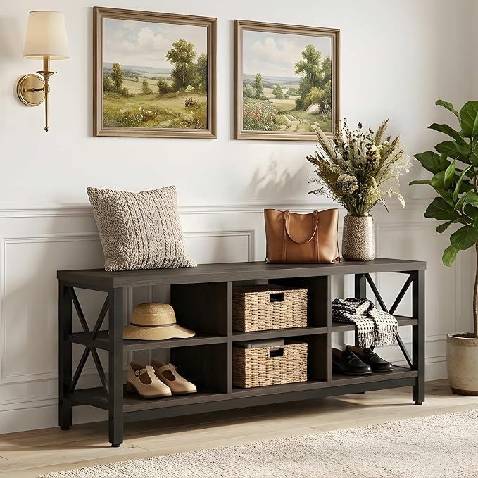 FATORRI Shoe Bench Entryway with Storage, Industrial Wood and Metal Hallway Benches with Adjustable Shelves, Rustic Entry Way Bench for Living Room (47.24 Inch Long, Walnut Brown) - Image 5