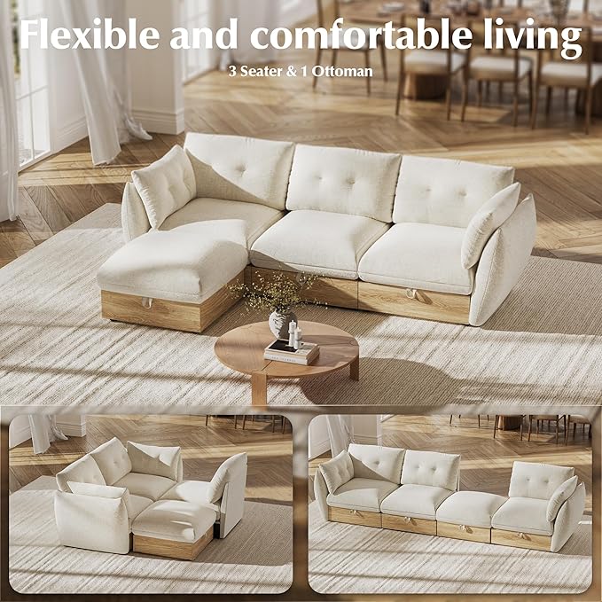 L Shaped Cloud Couch Sectional Modular Sofa with Storage, Cotton and Linen Fabrics Modern Oversized Deep Seat Sofa with Armrest Pillow, Easy Assembly for Living Room, Apartment, Ivory