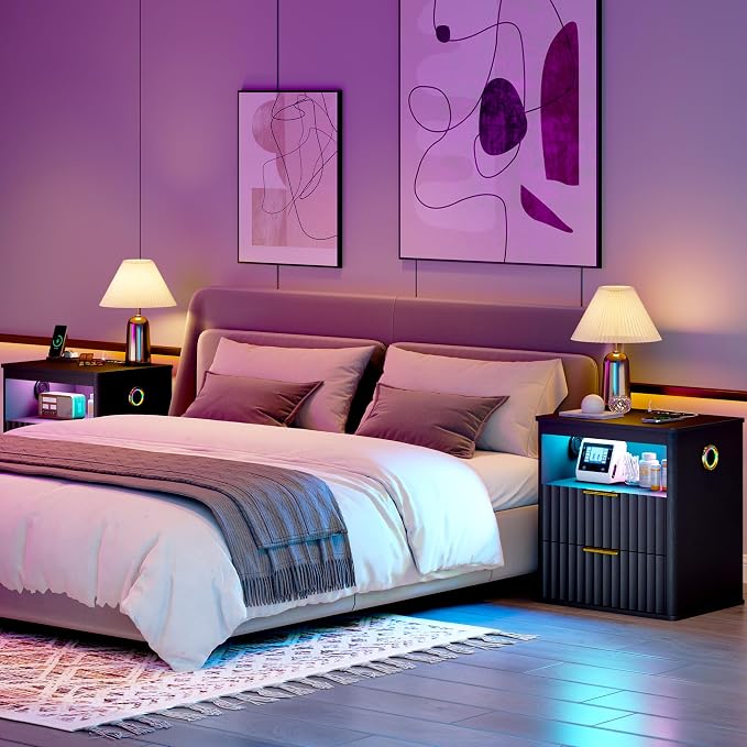 WOOVIVS Modern NightStand with Smart Human Sensor Lights, Bluetooth Music and 2 Large Storage Drawers, Bedside Table for Bedroom, Fluted Design, 23.6" H (Black) - Image 6