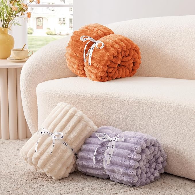 EXQ Home Fall Throw Blanket for Couch or Bed - 3D Stripe Jacquard Decorative Fleece Blankets - Cozy Soft Lightweight Fuzzy Flannel Blanket Suitable for All Seasons(50"??60",Orange)