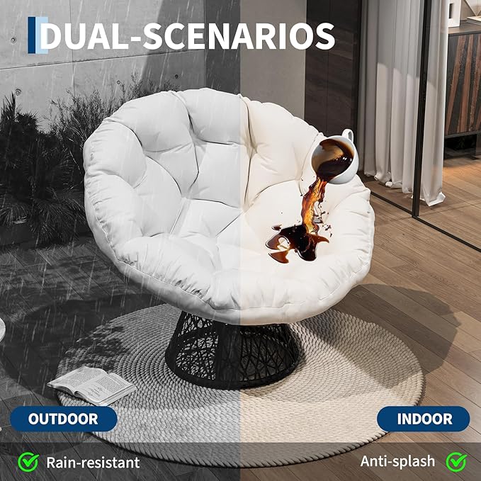 Garvee Papasan Chair, 37" Ergonomic Wicker Papasan Chair with Extra-Thick Soft Fabric Cushion, Heavy-Duty Steel Frame, 360° Swivel Base for Living Room, Bedroom & Reading Nook – White - Black Stand