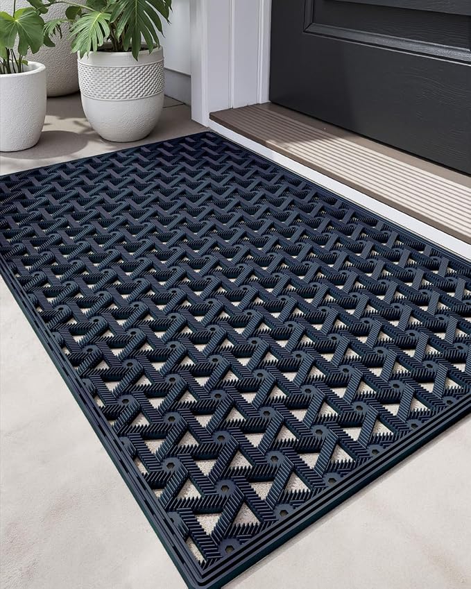 DEXI Front Door Mat Outside Entrance Rubber 19x30, Welcome Floor Doormat Heavy Duty Non Slip, Dirt Trapper Waterproof Exterior Entry Mats All Weather for Patio Entryway Drainage, Blue by DEXI