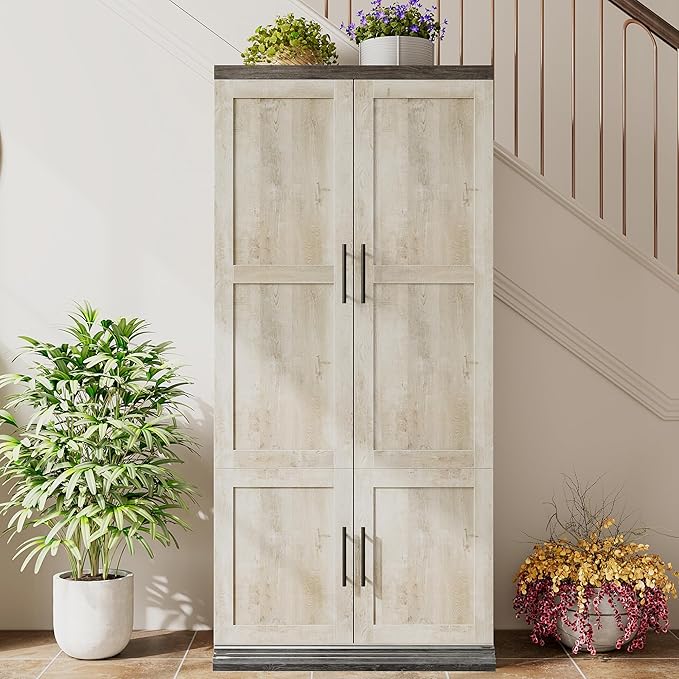 LIKIMIO Large Wardrobe Closet, Farmhouse Clothing Storage Cabinet with Hanging Rod and 2 Doors, Wooden Tall Bedroom Armoires with Storage Shelves, Rustic White