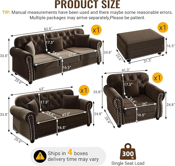KEIKI 3-Piece Chesterfield Sofa Set with 1 Velvet 3-Seater Sofa & 1 Loveseat & 1 Single Sofa, 6-Seater Couch Set with Nailhead Trim & Rolled Arms & 1 Ottoman & 6 Pillow, for Living Room, Brown