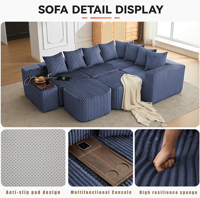 Oversized Cloud Modular Sectional Sofa Boneless Couch with Movable Ottomans,Free Combination Memory Foam Floor Couch with Charging Port & Cup Holders for Living Room | Coffee Table Board, Wireless Charge, No Assembly