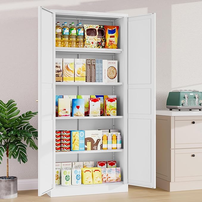 SISESOL 71" Tall Pantry Cabinet with 2 Doors and 5 Shelves,Kitchen Pantry Storage Cabinets,White Metal Storage Cabinet,Wide Deep Food Cupboard for Home,Kitchen,Dining/Living Room