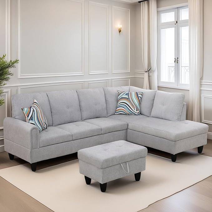 FONTOI L Shaped Sectional Couches for Living Room, Modern Modular Sectional Sofa with Ottoman Storage, Comfy L Shaped Couch with Chaise for Bedroom Apartment Furniture, Gray