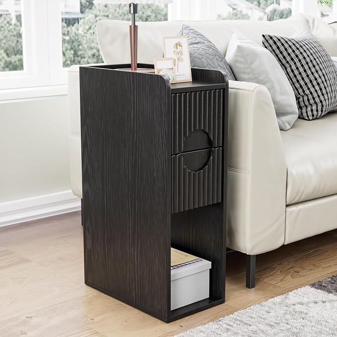 Black Night Stand Set of 2, Narrow Nightstand with Drawers, Small Bedside Table, Skinny Bed Side Table, Modern Nightstand for Bedroom, Living Room, Wood, Fluted, Black - Image 3