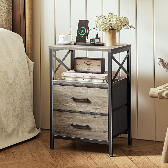 Huuger Nightstands Set of 2, Night Stand with Charger Station, 2 Drawer Side Table with Open Shelf, USB-C Port, End Table for Small Spaces, X Shaped Side Rail, Oak - Image 2