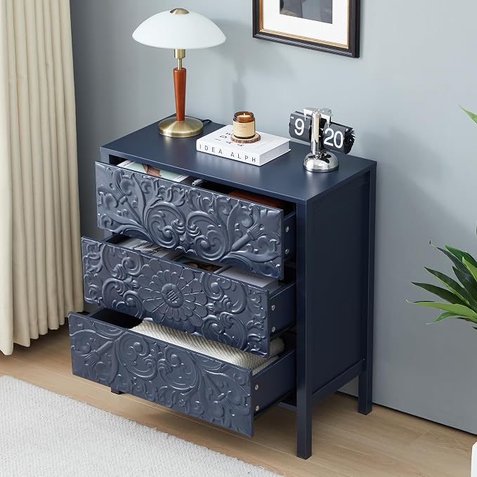 weselon 3 Drawer Flower Motif Dresser, Accent Dresser Chest with 3 Drawers, Luxury Nightstands Set of 2 for Bedroom, Small Wide Nightstand for Living Room, Bedroom, Entryway (2, Gray Blue) - Image 3