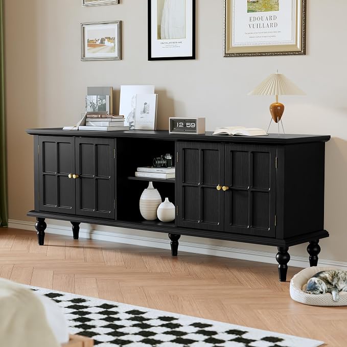 3More 67" Mid Century Modern TV Stand with Window Design,Wood Entertainment Center with Open Shelf,Up to 70" Media TV for Living Room or Bedroom,Black - Image 6