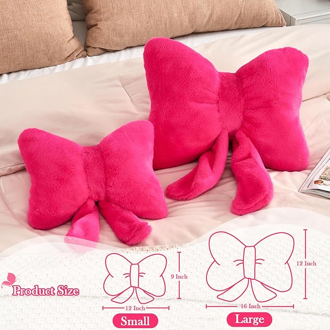XVTRU Hot Pink Bow Pillow, Soft Bow Decorative Pillows with Faux Rabbit Fur, Cute 12" Bow Throw Pillows, Aesthetic Home Decor Bow Shaped Plush Pillow for Bedroom Sofa Couch