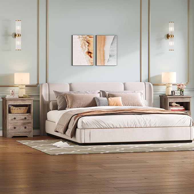 LIKIMIO Nightstand Set of 2, Night Stand with Pull Out Tray, Wooden Bedside Table with 2 Drawers and Open Shelf, Side Table for Bedroom, Grey - Image 9