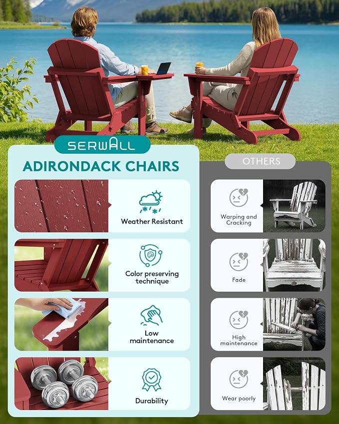 SERWALL Folding Adirondack Chair, Outdoor Adirondack Chairs with 4 in 1 Cup Holder, Wood Texture, Weather Resistant Plastic Patio Fire Pit Chairs for Garden, Backyard, Deck, Lawn - Green - Image 8